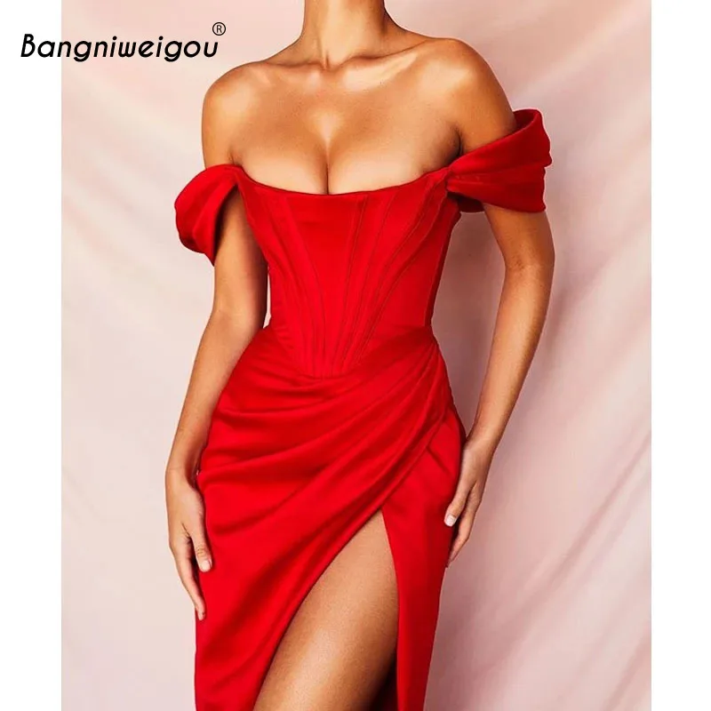

Bangiweigou Chic Satin High Slit Night Dress Women Off Shoulder Party Elegant Ruched High Waist Slim Sheath Ladies Corset Robe