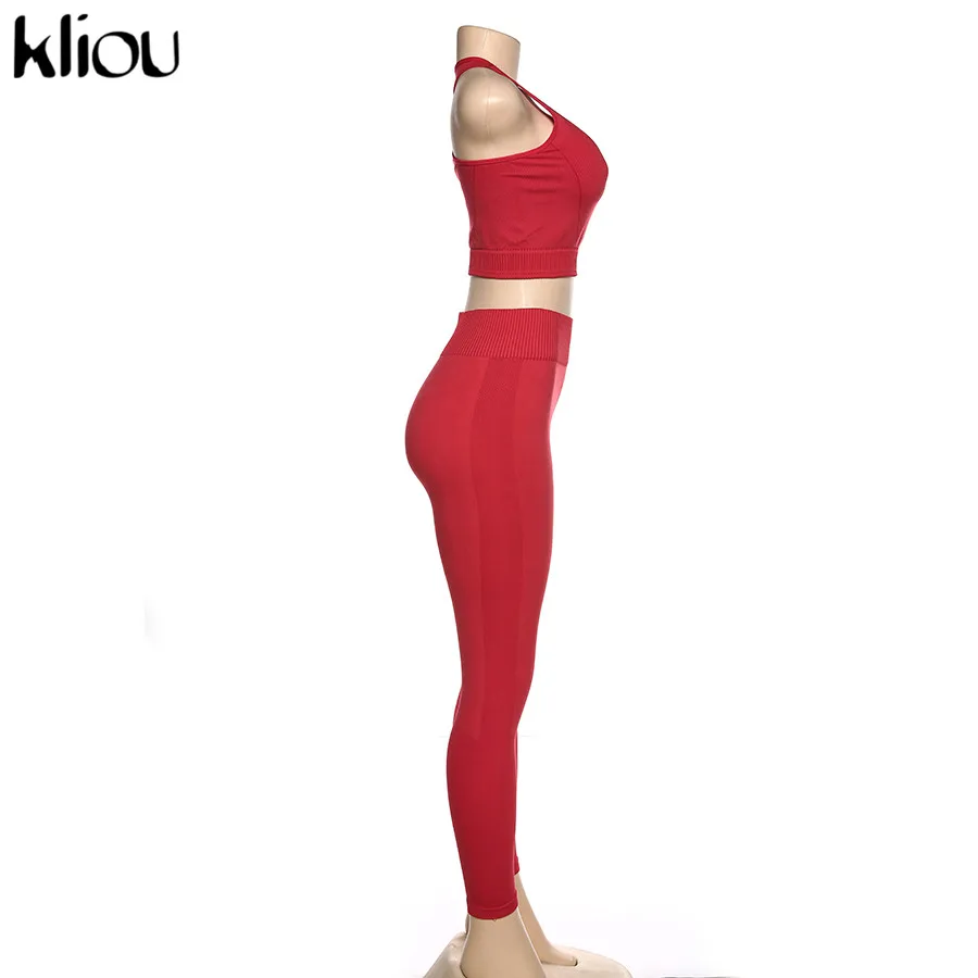 Kliou, Женский однотонный спортивный костюм, из кусков, для бега, фитнеса, комплект из 2 предметов, жилет, укороченный топ, леггинсы, для бега, спортивная одежда, одежда для тренировок
