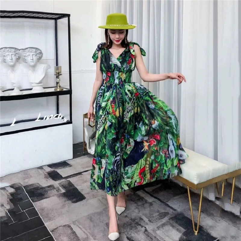 Женское длинное платье в стиле бохо модельное Зеленое Шифоновое Платье макси с