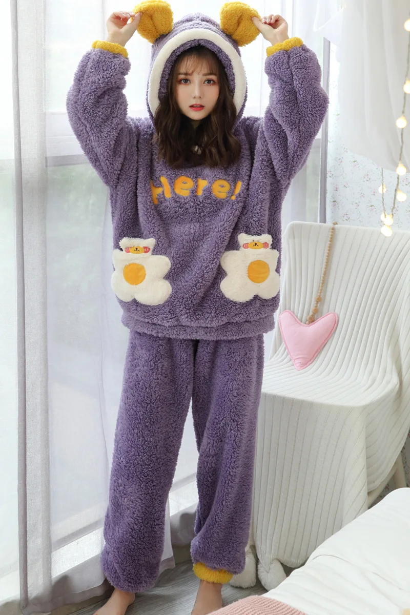 

Harajpee Women Pajamas 2021 Winter Japanese Sweet Kawaii Style Cute Coral Fleece Fresh Casual Loose Frog Hat Home Wear Suits