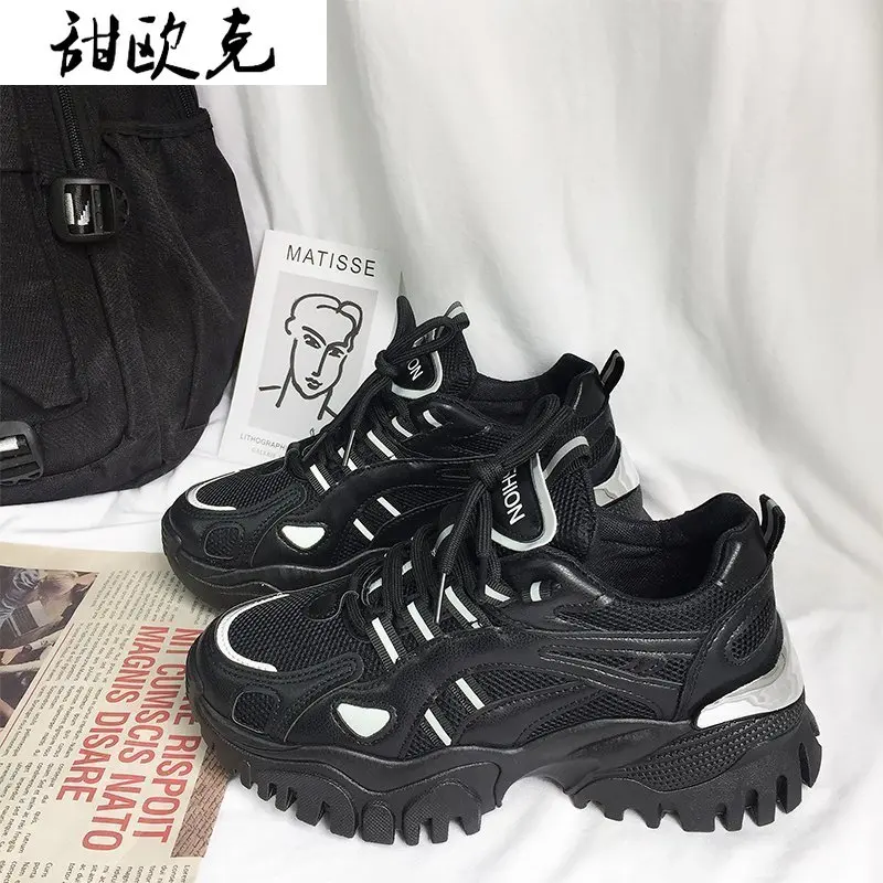 

Женские кроссовки, массивные, на шнуровке, сетчатые, дышащие, светоотражающие, модная повседневная обувь, черные