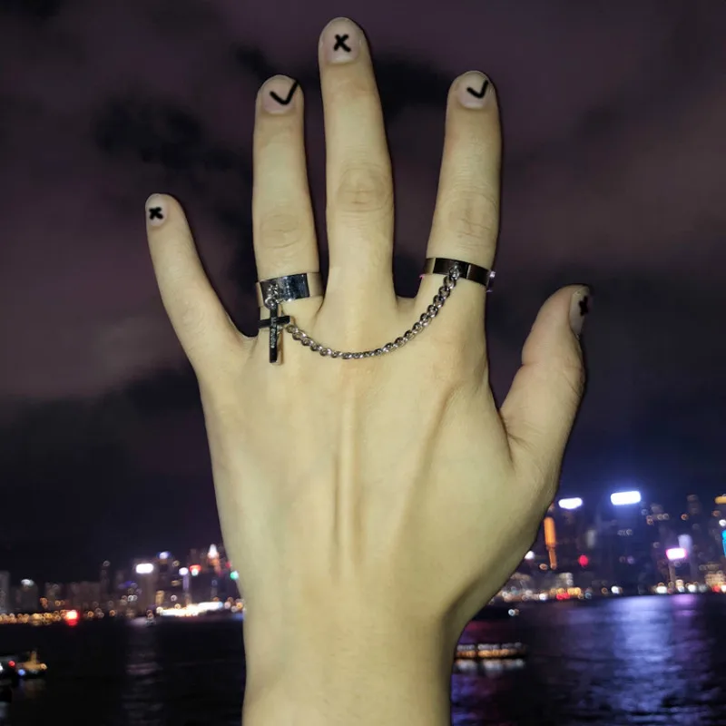 

2021 Retro Punk Hip Hop Cross Ring Finger Chain Adjustable Two Link Ring Jewelry Gift Men's Women's Gothic Jewelry Rings