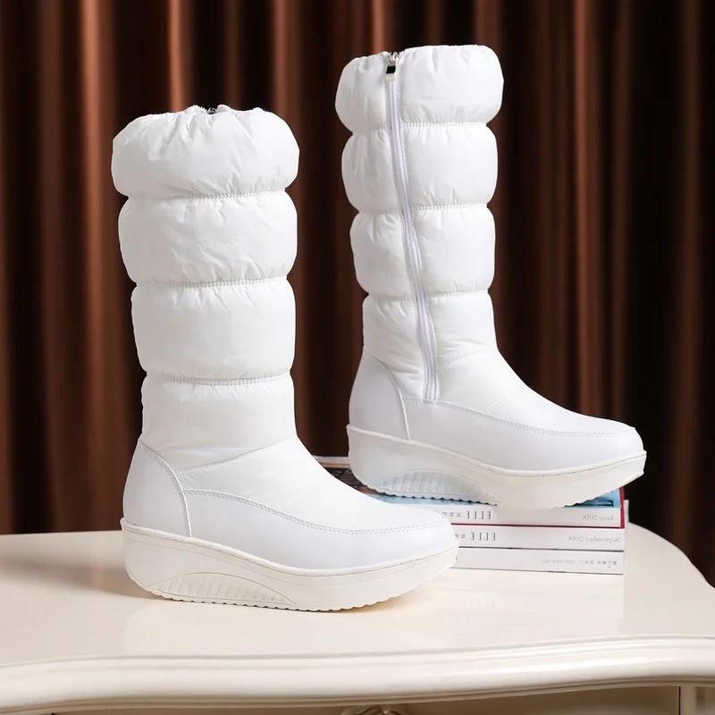 

CEVABULE 2021 Connecting Down Cloth Side Zipper Middle Boot Slope Heel Casual Thick-haired Snow Boots Platform Boots TYX