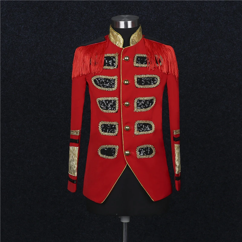 

Tassel Costume for Men Stand Collar Embroidered Epaulet Blazer Stage Club Court Red Uniform