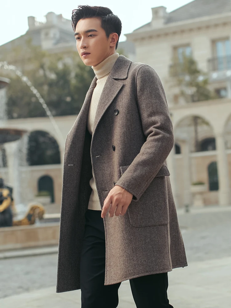 Мужское шерстяное пальто 2020 Длинная шерстяная куртка мужская двубортная