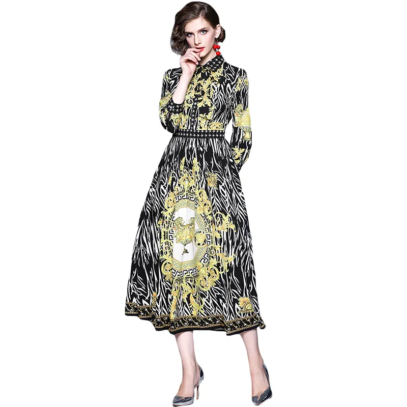 

Spring Elegant Print Dress Women Embroidery Pleated Long Mid-Calf Dress Female Autumn Slim plus size Lady Sexy Party Vestidos