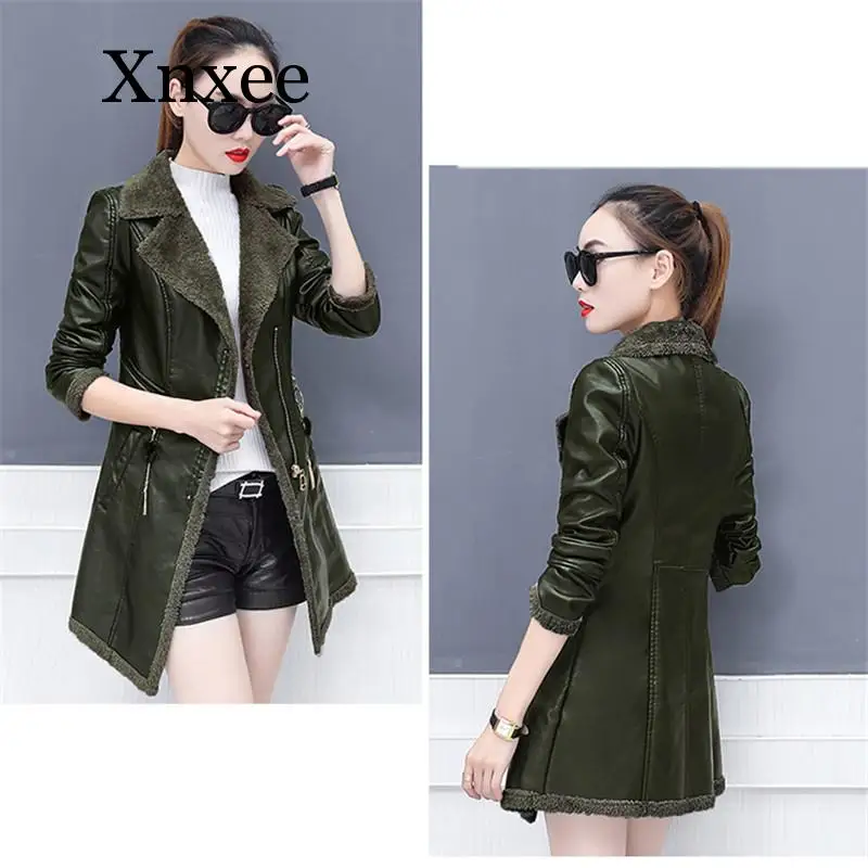 black faux leather coat women gray green khaki loose tops PU jacket autumn winter new korean lapel Plus velvet long elegant