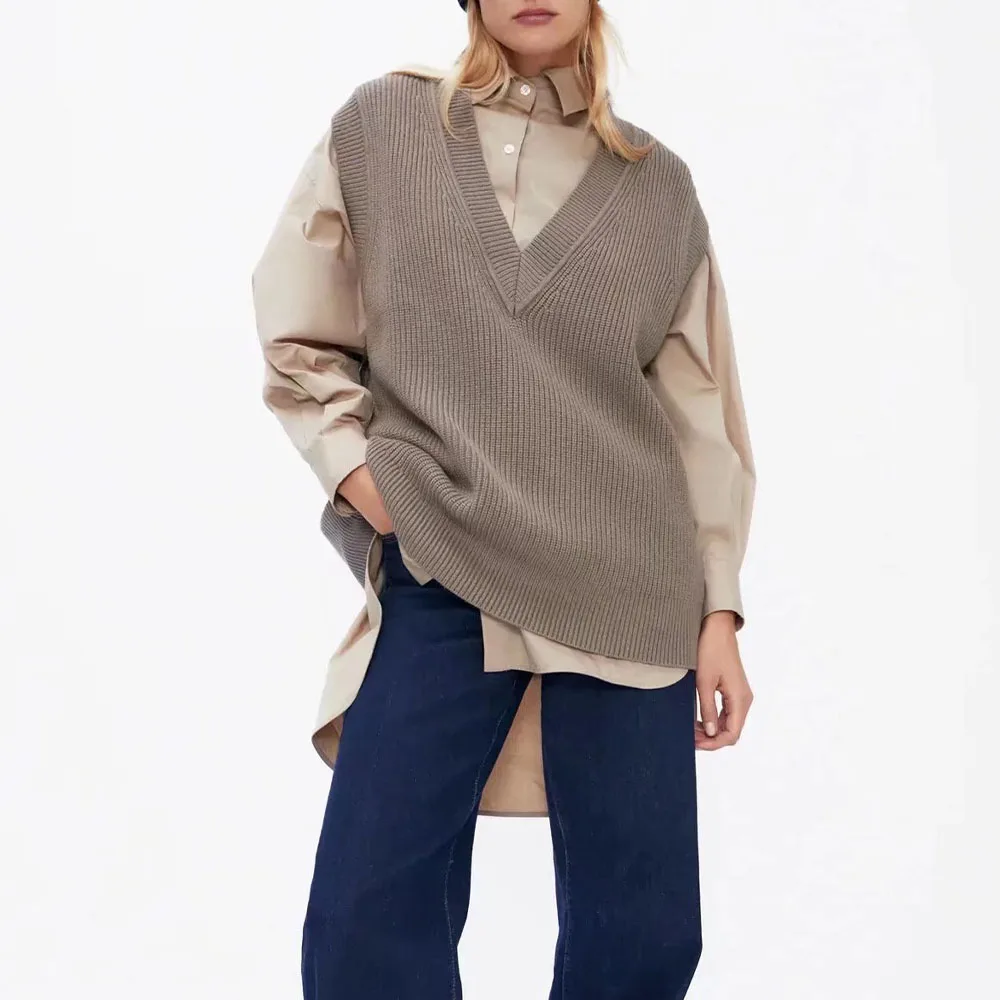 

Женский универсальный топ BM UR HM ZA, повседневный свободный Трикотажный жилет без рукавов с V-образным вырезом в стиле ретро, осень 2021