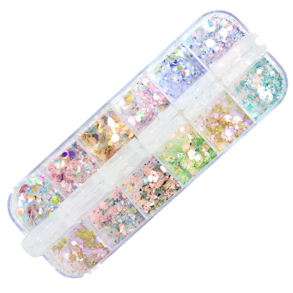 

12 Colors/Box Mix Hexagon Nail Glitter Powder Sequins Set Ultra-Thin Sparkles Flake Manicure Decoration Nail Art Paillette Tips