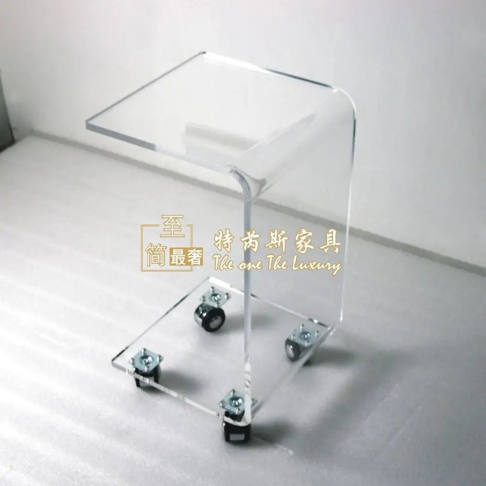 

C Shaped Waterfall Acrylic Occasional Side Tray Table On Wheels, Rolling Sofa Tea Tables