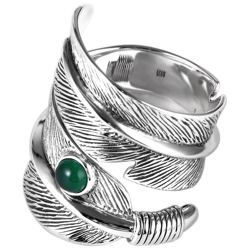 S925 pure silver feather ring green stone Mosaic rotating men and women with adjustable | Украшения и аксессуары