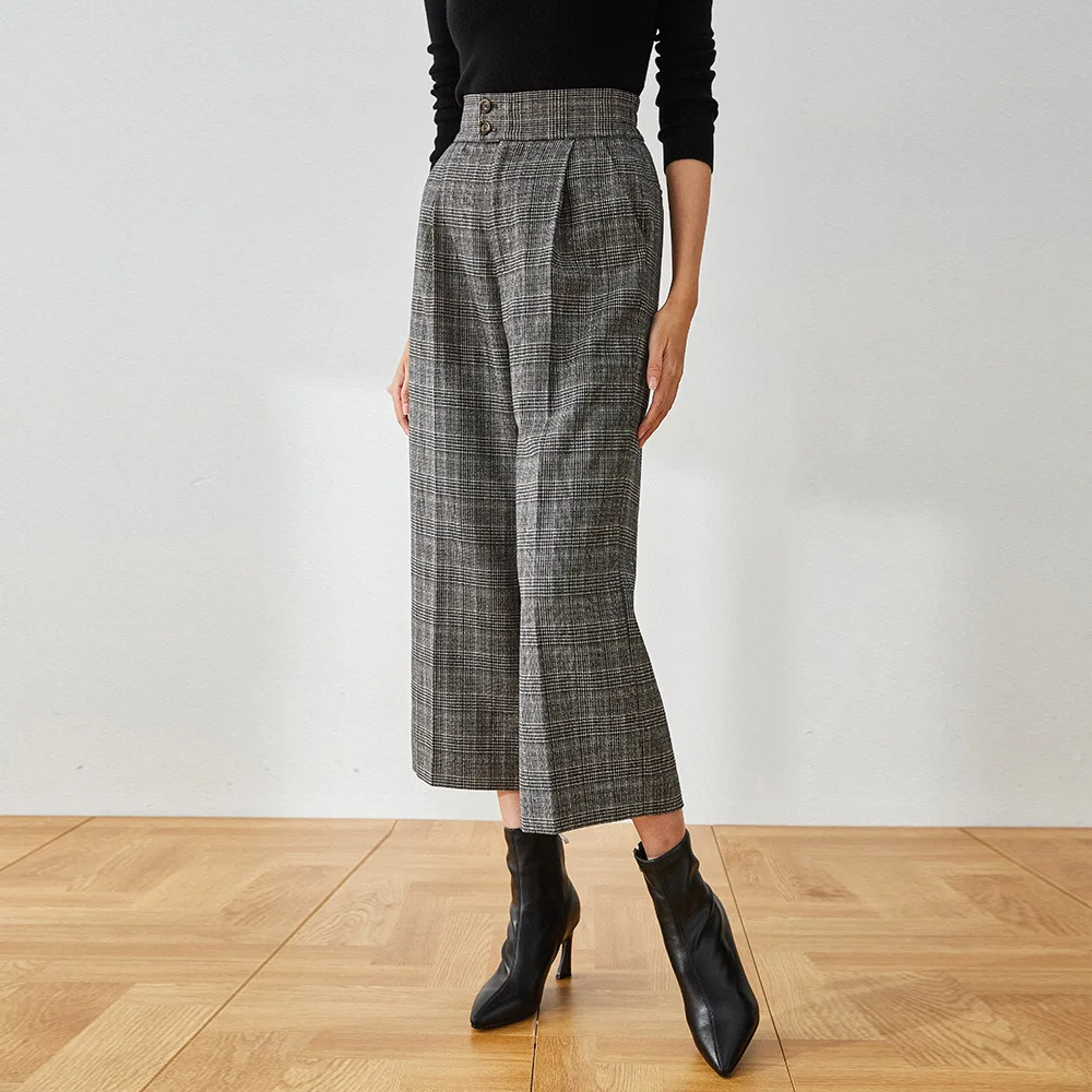 

Брюки женские клетчатые, серые, с высокой талией, широкие, зимние брюки