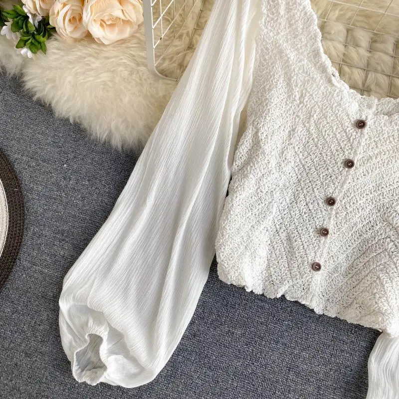 

Women Vintage Style O Neck Casual Short Blouse Shirt Women Retro Puff Sleeve Elastic Chic Chemise Blusas Tops