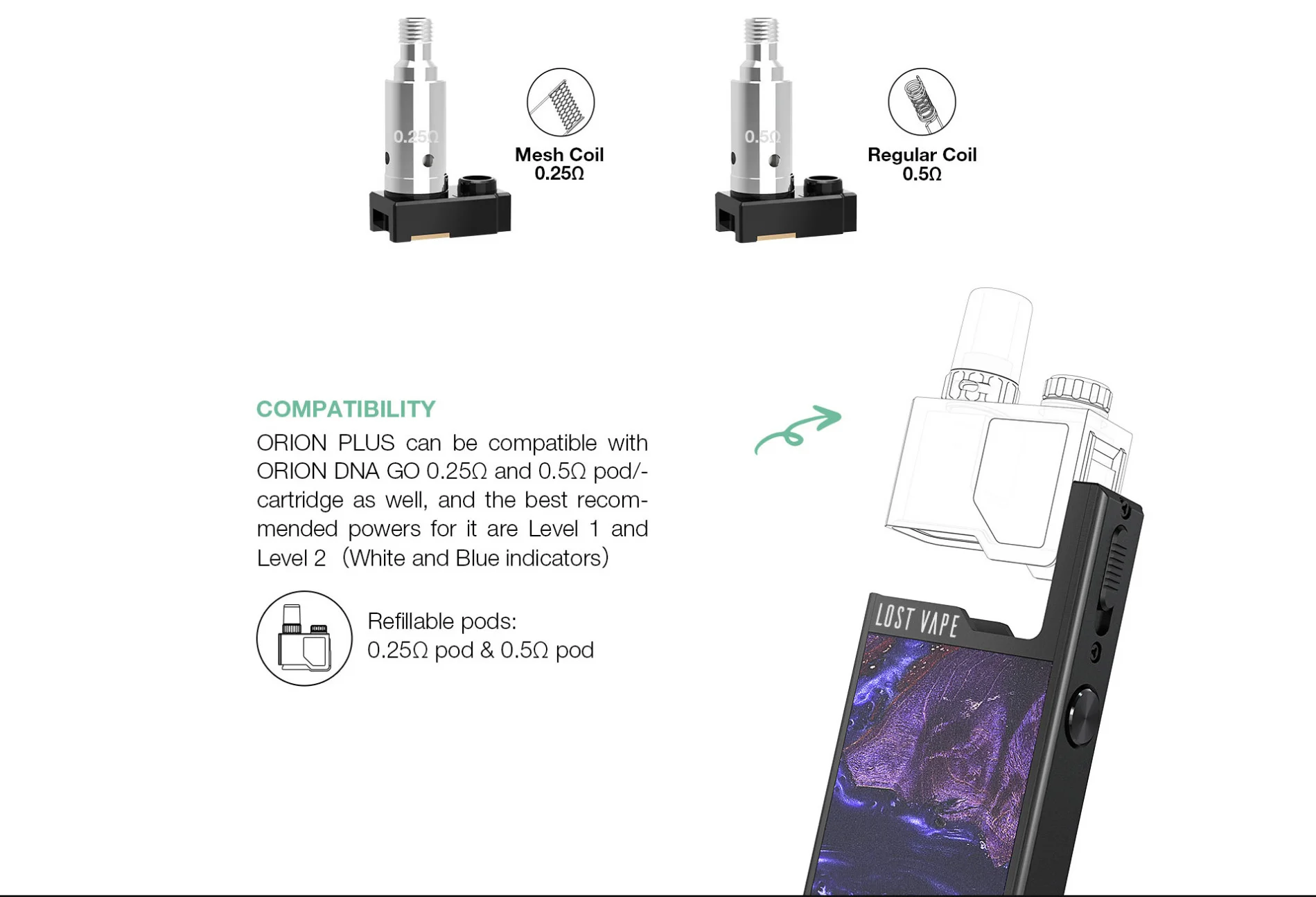 Lost Vape Orion Plus DNA Pod Комплект 2 мл картридж 950 мАч батарея 0.25ohm сетка катушка LostVape электронная сигарета испаритель