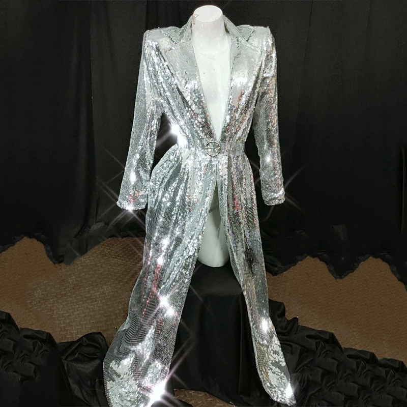 New GOGO Dancer Costume Full Sequin Clothing Silver Jacket Singers Clothes DJ Wear Party Performance Dance Outfit Glitter Coat |