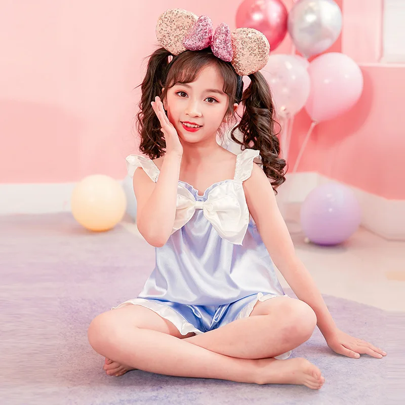 

Silk Pajamas Set for Children Sling Soild Kids Homewear Pijama 2021 Summer Sleeveless Nightwear Girls Satin Tracksuit Loungewear