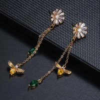women earrings gold plated bee flower tassel cubic zirconia earrings couple wedding earrings send girlfriend fashion jewelry