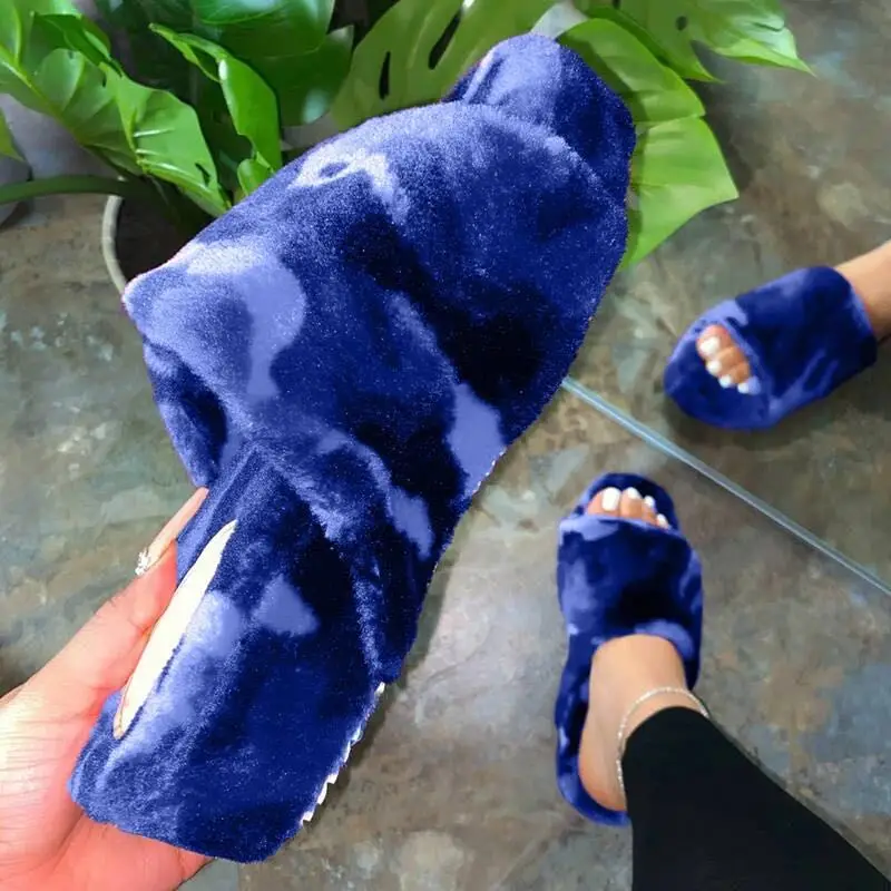 

women 2020 new autumn/winter flip flop new thick-soled fur slippers color large-size thick-soled graffiti print home sandals
