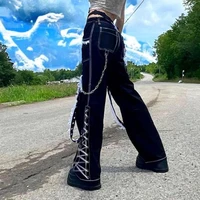 cargo pants women 2021 new y2k woman jeans gothic black straight leg pants womens lace stitching personality strap design jeans