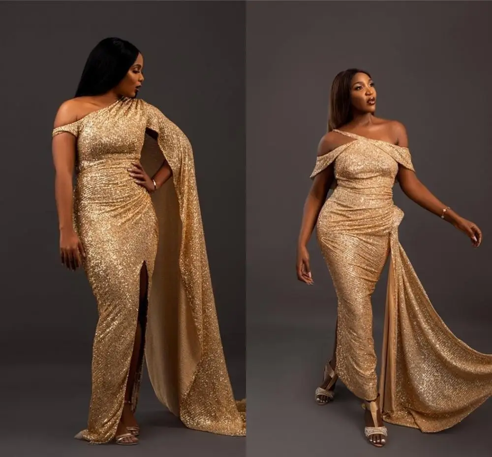 

African Sexy One Shoulder Mermaid Evening Dresses High Side Split Floor Length Sequins Formal Evening Wear Vestido De Feist