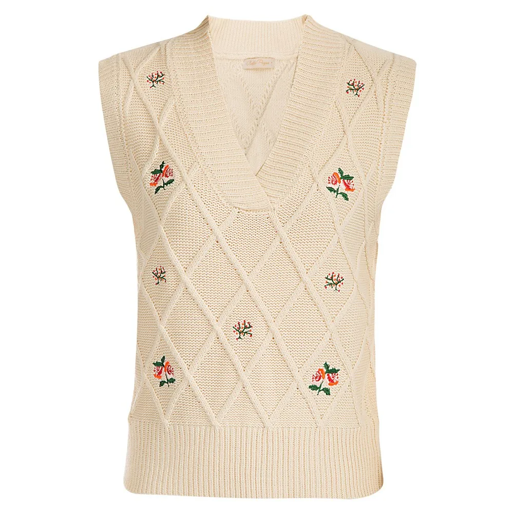 

Women V-Neck Embroidered Sweater Knitted Pullover Slim Tops Vest Sleeveless Casual Lady Soft Sweater