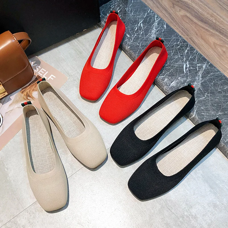 

2021 Plus Size Women Casual Ballet Flats Shoes Square Toe Slip On V Mouth Flat Heel Anti Slide Loafers Stretch Knit Fabric