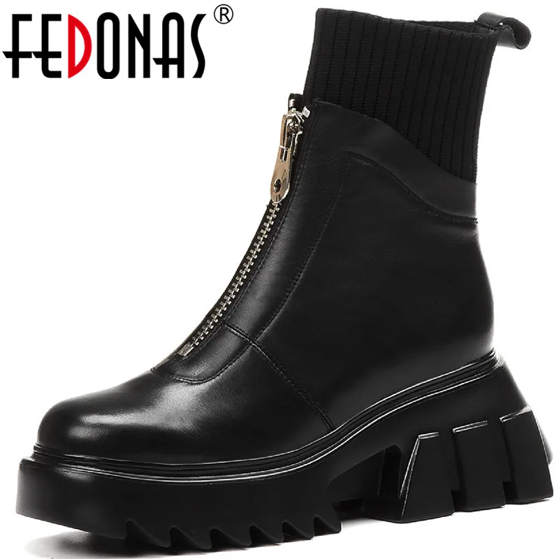 

FEDONAS 2021 Newest Women Motorcycle Boots Genuine Leather Zipper Autumn Winter Chunky Heels Shoes Woman Night Club Boots Boots