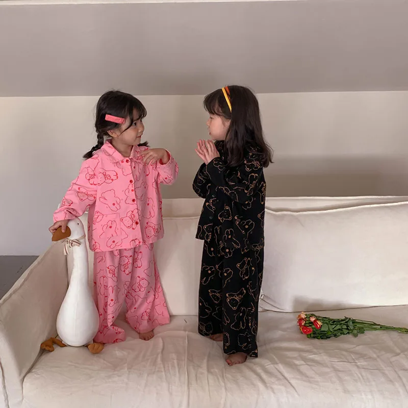 

MILANCEL 2022 Autumn New Kids Pajamas Girls Sleepwear Turn-down Collar Tops and Pants 2Pcs Cotton Children Nightclothes