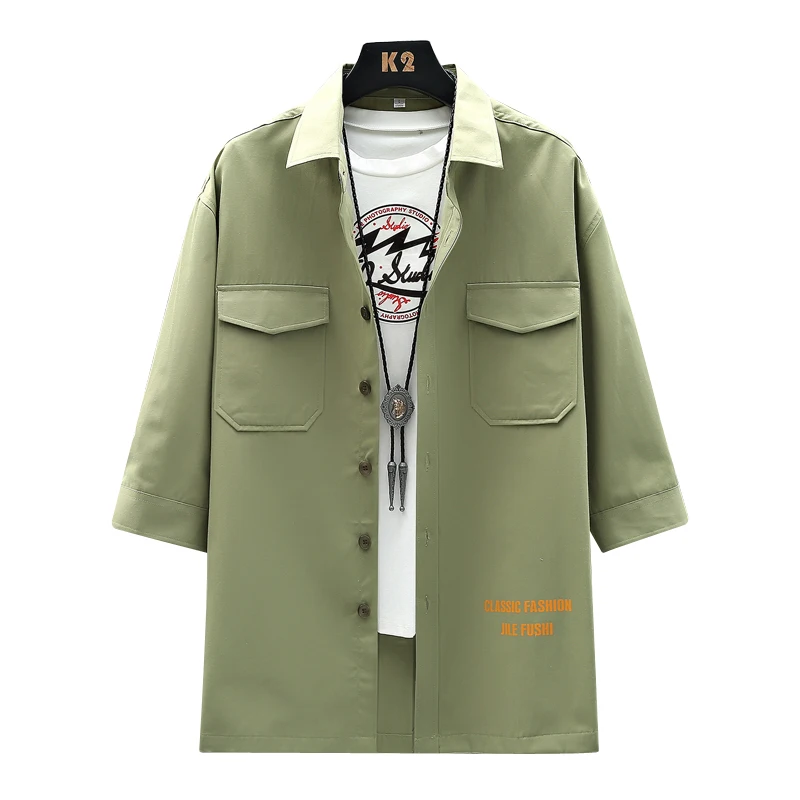 

2021 Men's Shirt Korean Fashion Cotton Double Pocket Three-Quarter Sleeve Cargo Shirts Jacket Casual Hip-Hop Streetwear 926-P35