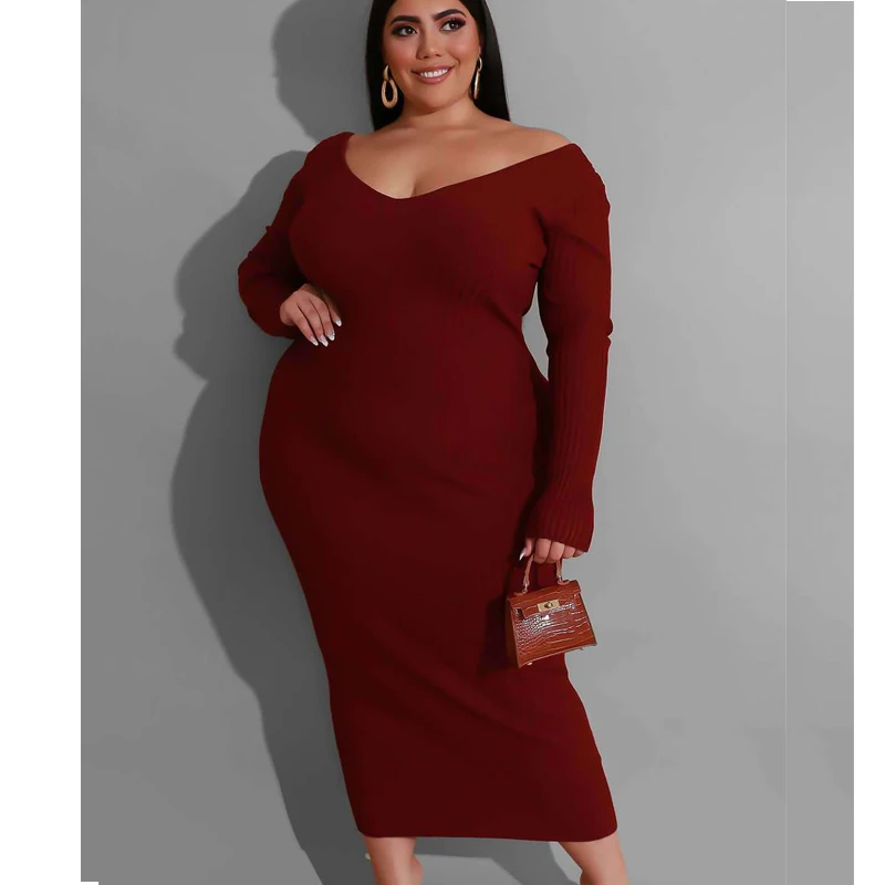 

6XL Women Plus Size Dress Bodycon Long Sleeve V Neck Backless Sexy Long Dresses Spring Fall Female Robes Elegant Fashion New