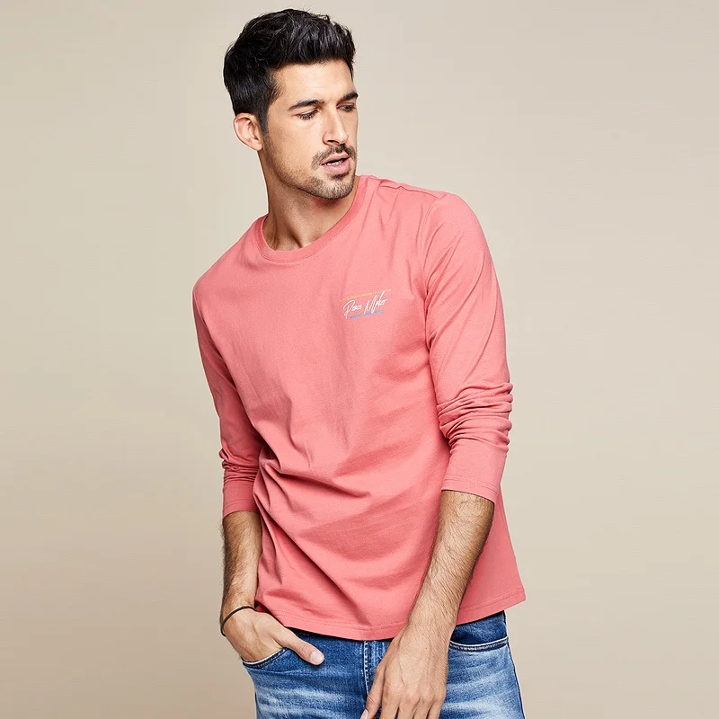 KUEGOU 2019 Autumn 100% Cotton Plain White Print T Shirt Men Tshirt Brand T-shirt Long Sleeve Tee Fashion Clothes Top 7749 | Мужская