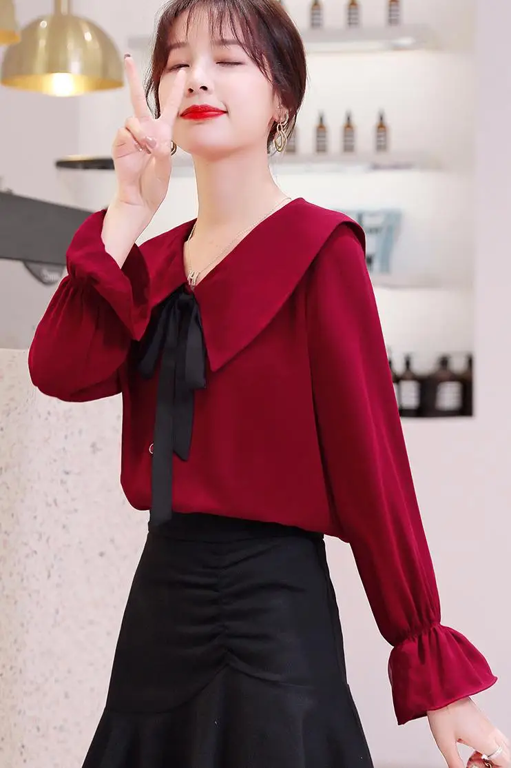 

COIGARSAM Vintage Full Sleeve Shirt Womens tops Spring Korea Style Office Lady Chiffon Straight Women shirts Wine Red 3909