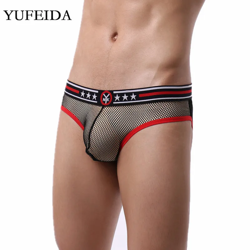 Мужские трусы брифы из сетчатой ткани черные прозрачные слипы бикини с карманом