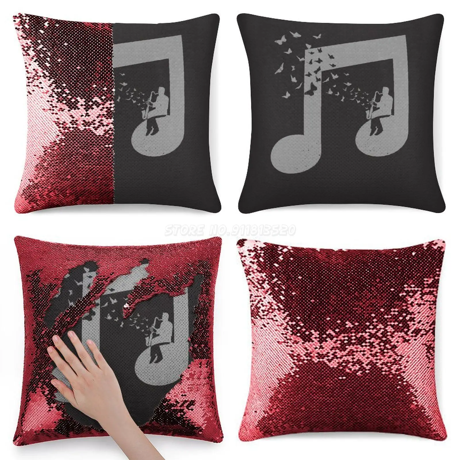 Бас-кларнет - наволочка с пайетками для музыкальной подушки, чехол для подушки 40смX40см силуэт кларнета, музыкальная нота, простая музыкальная фигура музыканта.