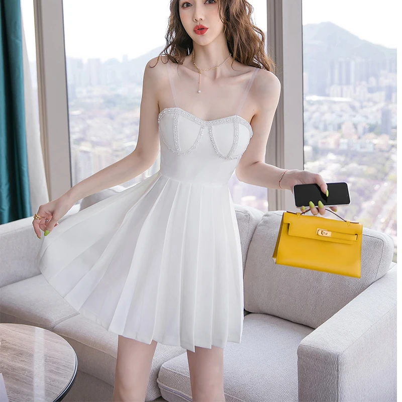 

High-End Fashion White Dress Female Summer Style Handmade Beaded Suspender Casual Dress Sexy Pleated Heavy Industry Production