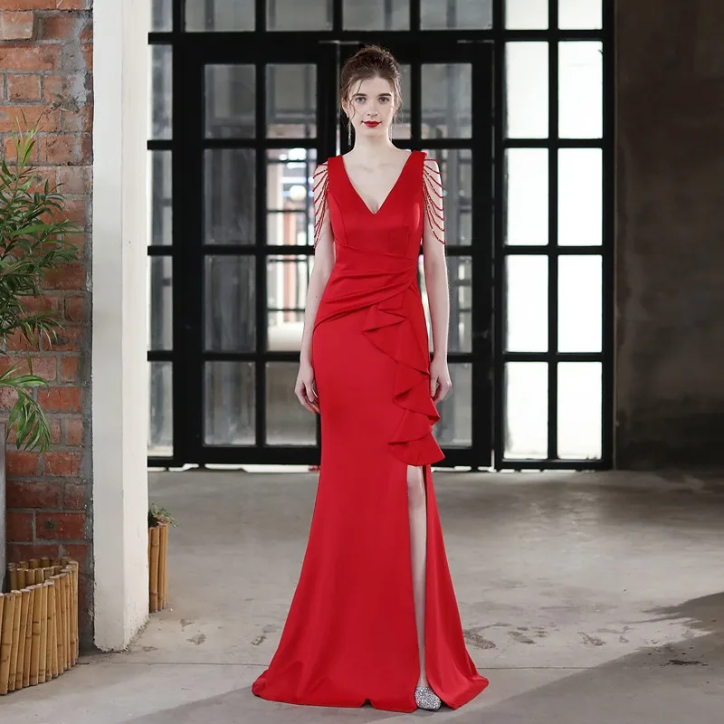 

Women Elegant Evening Dresses Exquisite Crystal Beading Mermaid Maxi Dress Sexy V Neck High Slit Formal Gown Night Club Vestidos