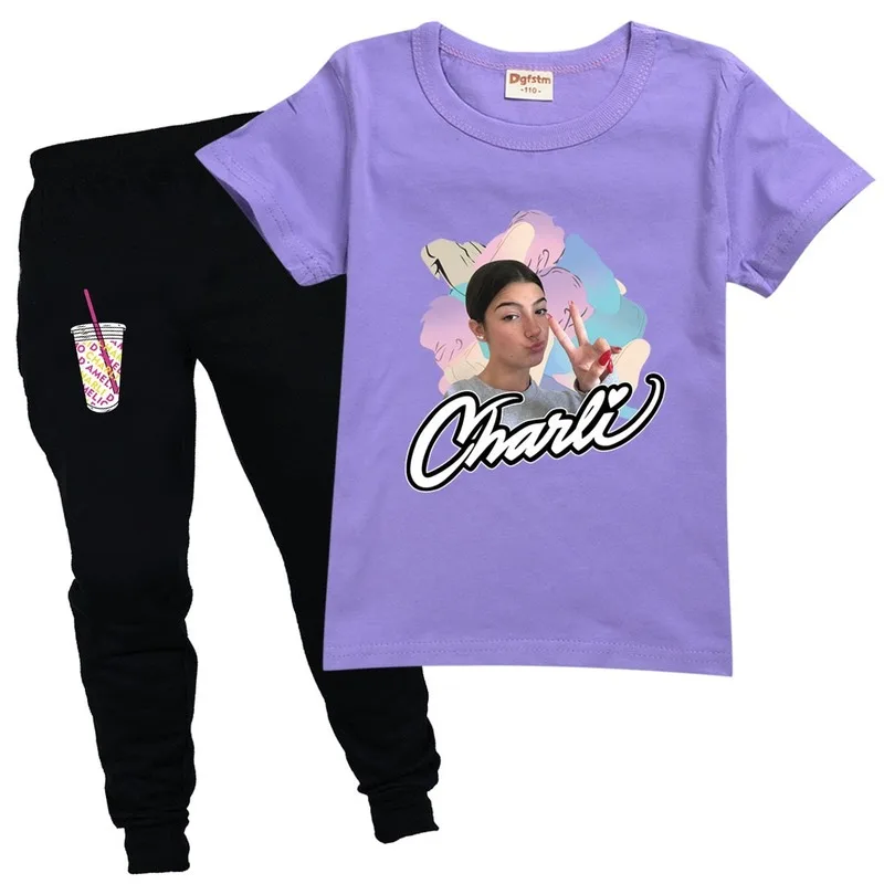 

Children's Clothing Charli DAmelio Girls' Clothing Boys Birthday Clothing Short Sleeve Children's Sportswear Top + Pants Set