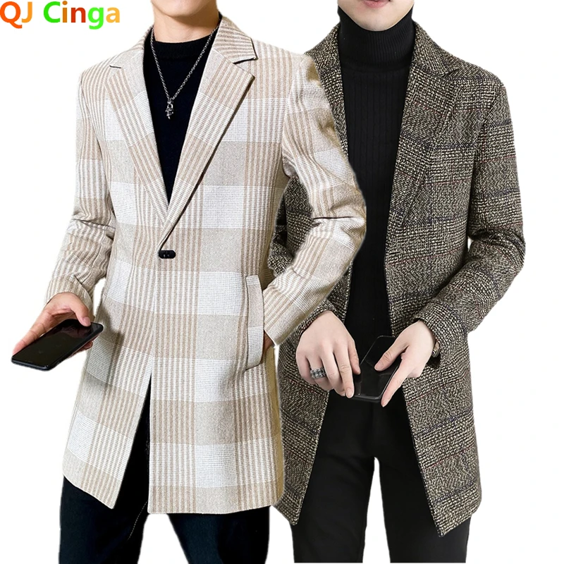 

White Striped Woolen Windbreaker Coat Men's Winter New Men Long Jacket Fashion Slim Fit Male Trench Grey Khaki Overcoat