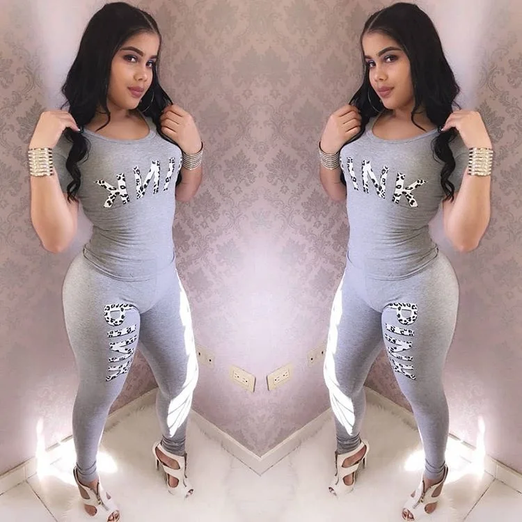 

Women Fashion Tracksuit Letter Pink Print Casual Two Piece Set O-Neck Short Sleeve Shirt Top And Skinny Full Length Pants U7019