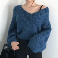 women sweater 2020 new autumn retro v neck knit thick loose bat sleeve sweater women sweater clothes tops
