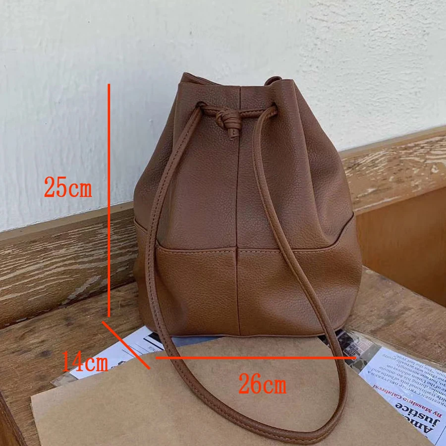

Vintage Bucket Bags Women Casual Shoulder Bags Solid Color Single Hand Bag Fashion Messenger Bag Ladies Drawstring Handbag 2021