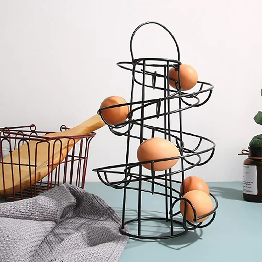 

Creative Egg Dispenser Rack 360 Degree Rotating Design Spiral Egg Holder Kitchen Metal Egg Skelter Storage Display Rack