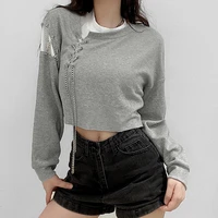 2021 fall winter new womens pure color loose chain stitching fake two piece tops pullover women fashion gray tshirt sweatshirt