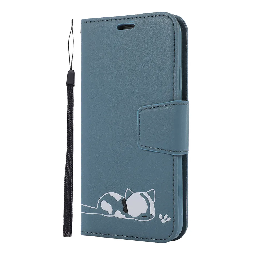 Blue Роскошная Кожаная Обложка для книги чехол для huawei P20 P30 Honor 20 Pro 10 Lite P Smart 8A Y6 Y7 Sleepy Cat Flip Shell - Цвет: Blue