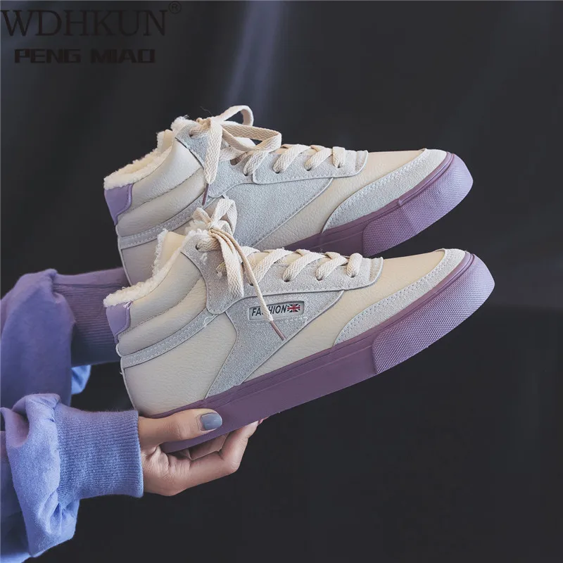 

Кроссовки женские зимние на шнуровке, Вулканизированная подошва, плюшевые, теплая Повседневная обувь, флок, снегоступы