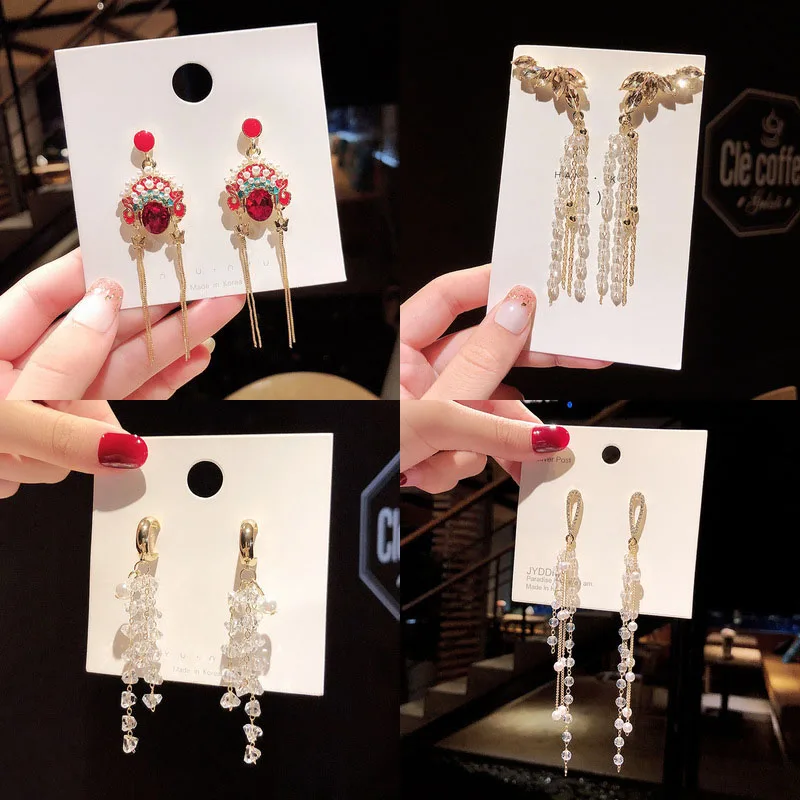 

Korean Style Super Shining Crystal Star Bowknot Long Tassel Stud Earrings For Women Fashion Retro Pearl Earrings Wedding Jewelry