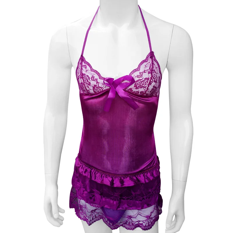 Мужское сексуальное кружевное платье с трусиками танга Женский атласный