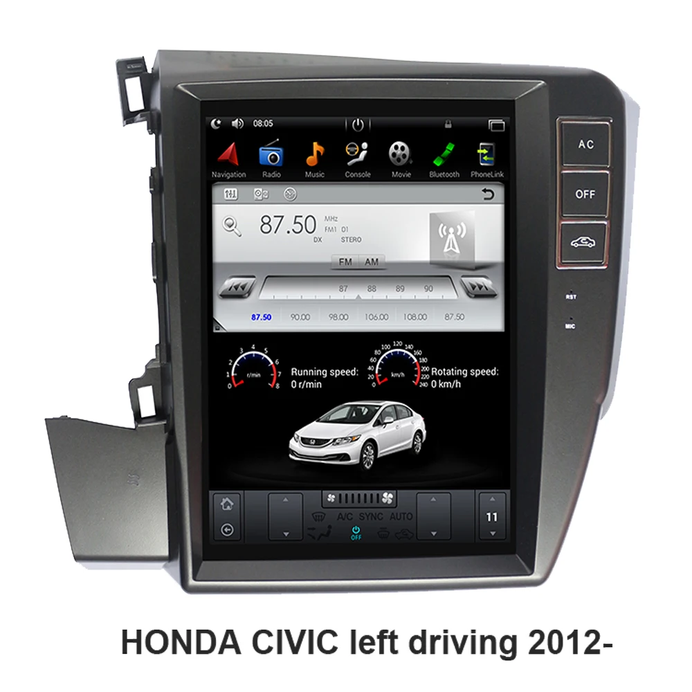 Вертикальный Автомобильный GPS-навигатор в стиле Tesla Android 9 0 для HONDA CIVIC с левым