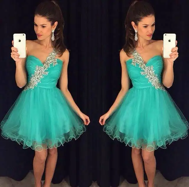 

Elegant Short One Shoulder Beaded Hunter Homecoming Dresses Corset Back Knee Length Graduation Dresses for Juniors