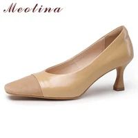 meotina real leather high heel pumps women square toe stiletto heels shoes dress footwear female apricot brown plus size 33 40